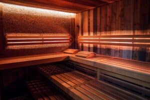 red glow wellness infrared sauna wooden interior